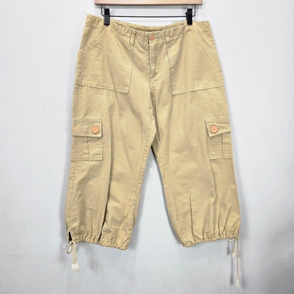 Vintage Y2K Cargo Capri Pants L 34X21 Tan Mid Rise Ripstop Parachute Tie Balloon - Picture 1 of 11